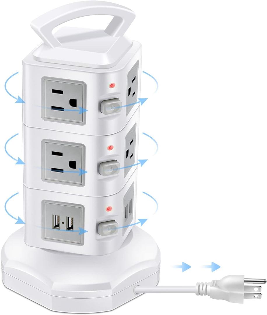 10-Outlet Power Strip Tower | Outlet Expander | Retractable Extension Cord with 4 USB Ports | Multi Plug Surge Protector for Multiple Devices, Cell Phone, Computer Accessories | Office, Desk Organizer