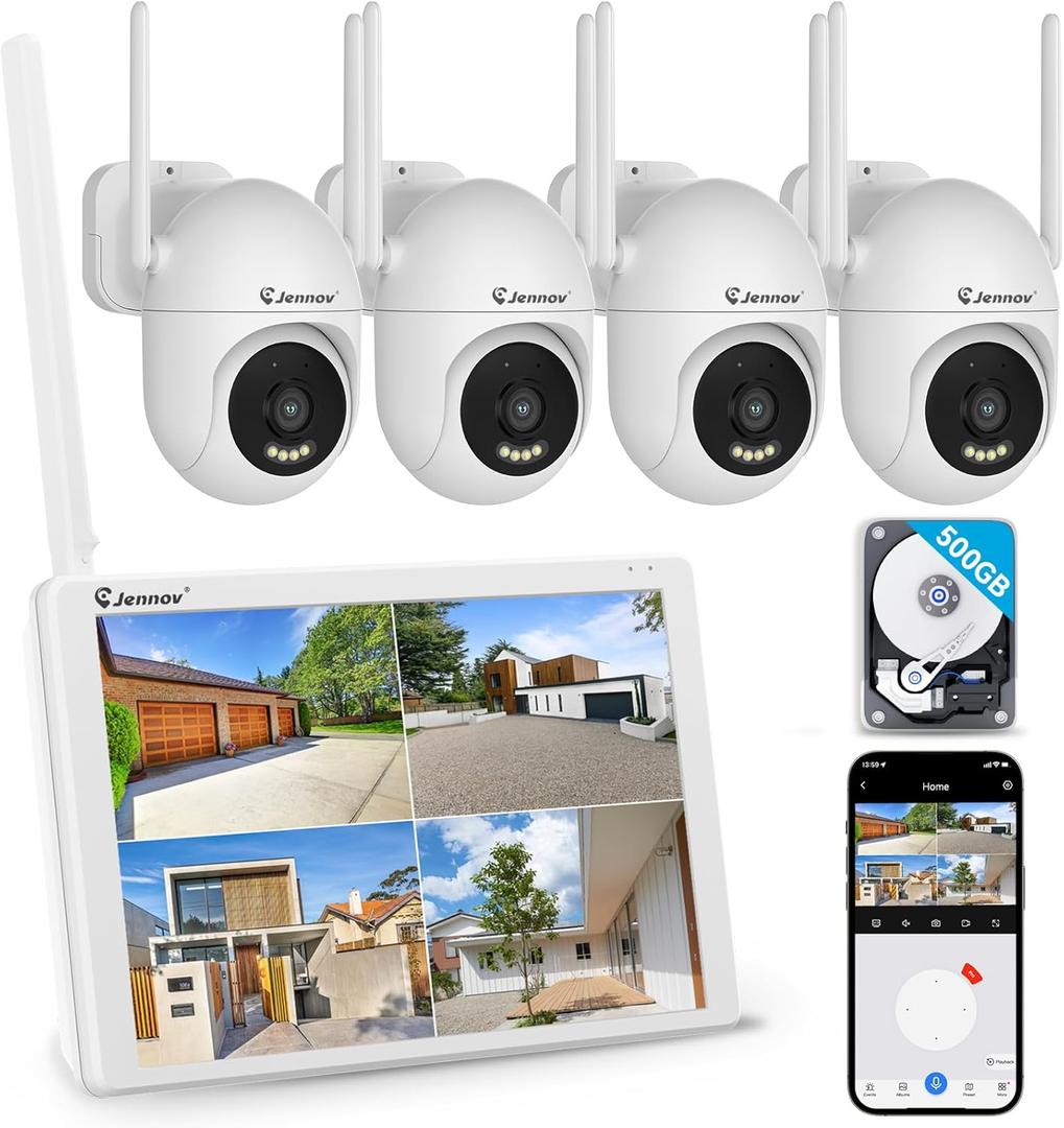 Jennov 5MP Wireless Security Camera System with Monitor, 10CH NVR Kit for Home & Business Surveillance, 4 Cameras with 500GB HDD, Night Vision, 24/7 Motion Detection, No Monthly Fee, Indoor Outdoor (white)