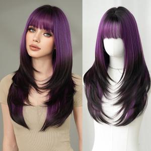 7JHH WIGS Long Straight Purple Synthetic Wig with Bangs 25inch Layered Hair Tail Dye Black Heart Resistant Synthetic Fiber Natural Looking Wigs for Women Party Cospaly and Daily Used
