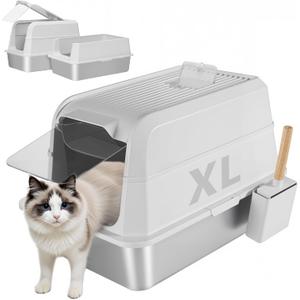 Stainless Steel Litter Box - XL Extra Large Cat Litter Box with Lid, Enclosed Metal Litter Pan with High Sided Enclosure & Scoop, Anti Leakage, Easy to Clean, Odor Control (White)