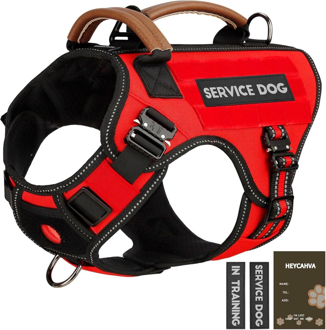 Service Dog Vest - HEYCAHVA Tactical Dog Harness Full Metal Buckles for Large Medium Dogs Reflective No Pull Dog Harnesses Vest with Leather Handle, Hook & Loop for Hiking Training (Red, XL)