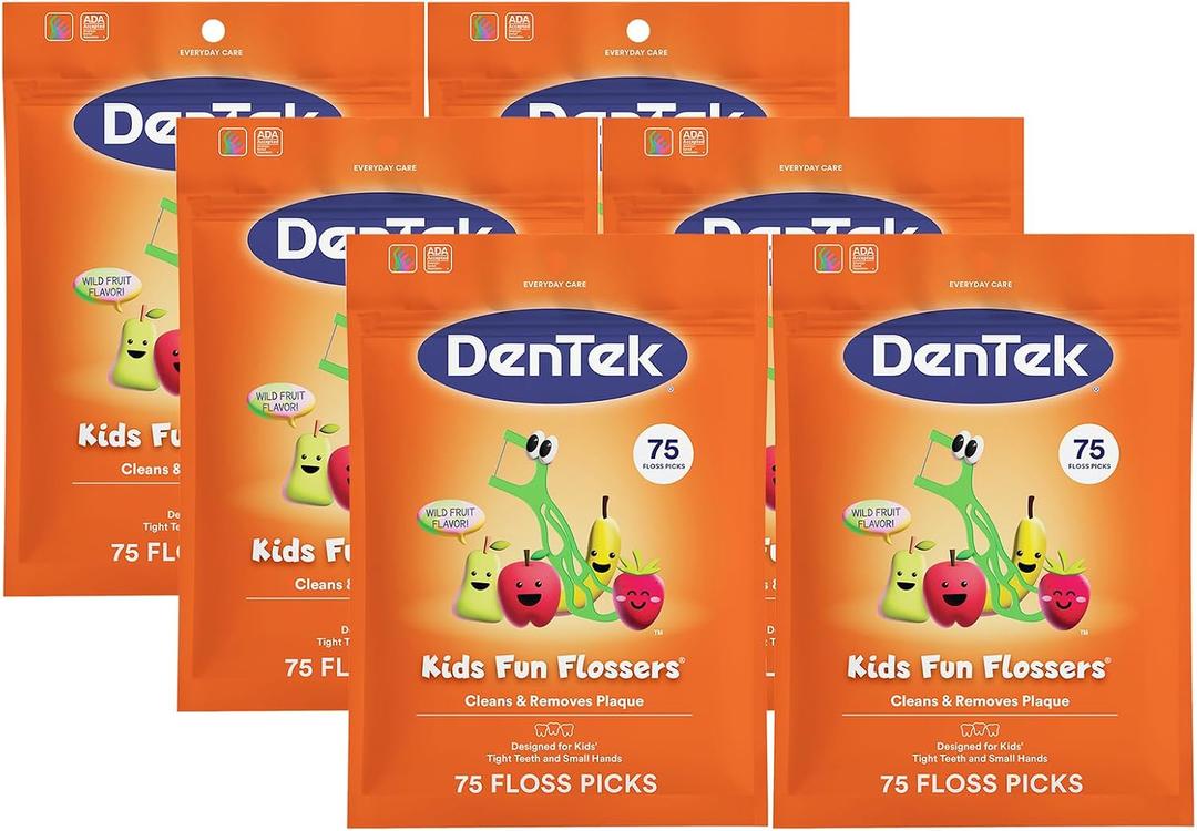 DenTek Fun Flossers Kids Floss Picks with Wild Fruit Flavor, 75 Count, Pack of 6