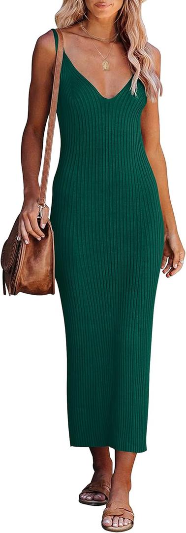 MEROKEETY Womens 2025 Summer V Neck Knit Midi Dress Bodycon Casual Sleeveless Ribbed Party Sweater Dresses (X-Small, Darkgreen)