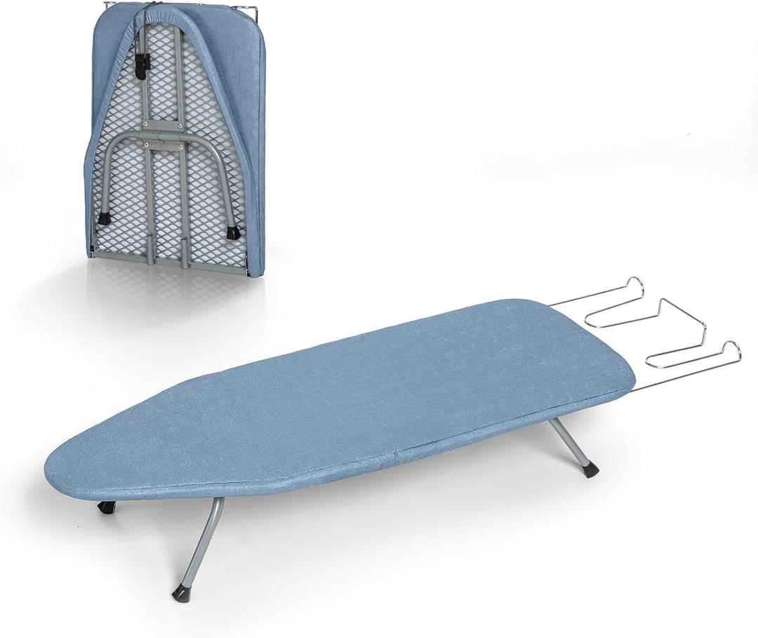 Metal Foldable Iron Board with Iron Holder, RAINHOL Small Ironing Board Tabletop with Heat Resistant Cover, 31x12 Mini Compact Ironing Table for Dorms, Aprtment, Blue