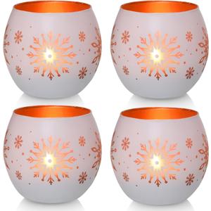 Snowflake Christmas Candle Holders Set of 4, Gold & White Glass Tealight Votive Holders for Winter Decor, Xmas Table Centerpieces, Indoor Christmas Decorations, Ideal