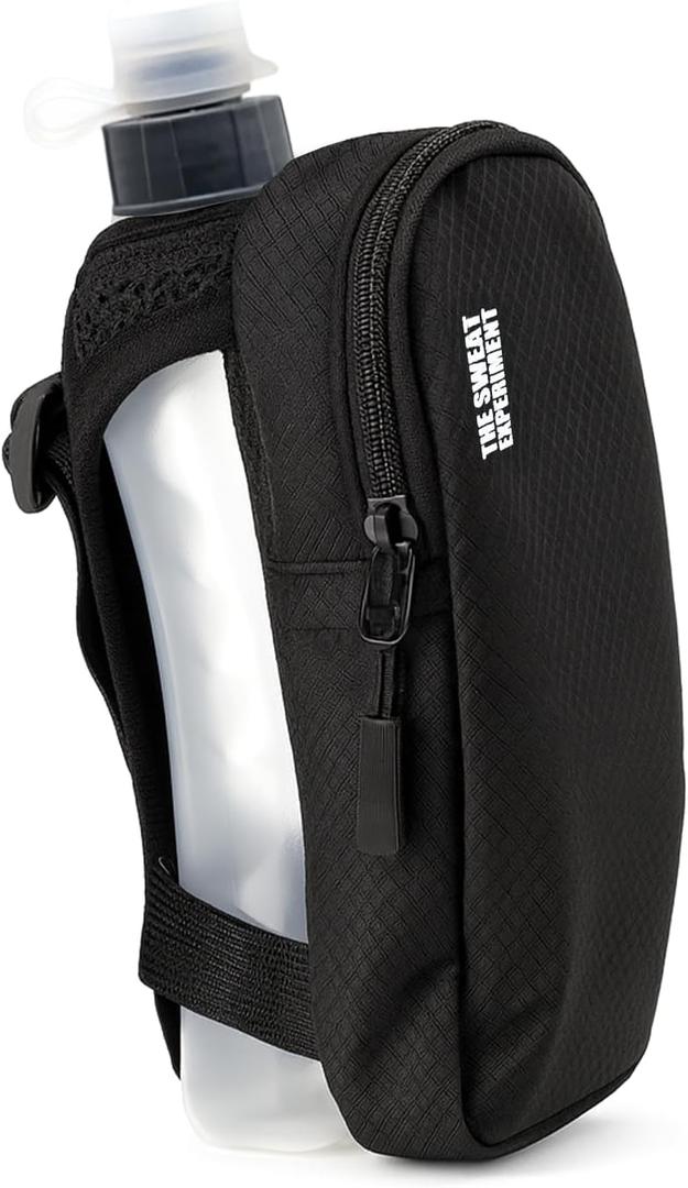 Handheld Running Water Bottle with Large Phone Holder 12oz Grip-Free Hydration Flask with Pocket for Cards & Keys Adjustable Strap for Walking, Running, Hiking
