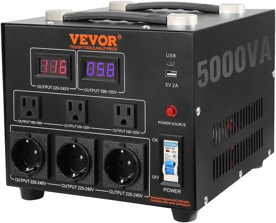 VEVOR Voltage Converter Transformer, 5000W, Heavy Duty Step Up/Down Transformer, Convert from 110 Volt to 220 Volt and from 220 Volt to 110 Volt, with US Outlet EU Outlet 5V USB Port, CE Certified