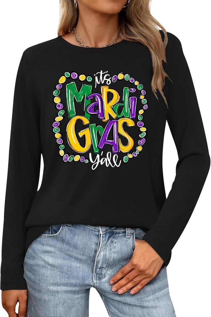 LAZYCHILD Mardi Gras Shirt for Women: Fat Tuesday Shirts Mardi Gras Long Sleeve New Orleans Carnival Party Tops, L