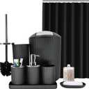 Black Bathroom Accessories Set, 9-Piece Bathroom Accessory Sets Complete with Trash Can, Shower Curtain, Vanity Tray, Soap Dispenser, Soap Dish, Toothbrush Holder, Toothbrush Cup and Toilet Brush