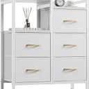 Furnulem 5 Drawer White Dressers for Bedroom 2 Tier Shelf Storage Small Fabric Dresser for Closet Sturdy Metal Frame Modern Style Storage Cabinets Organization Units for Hallway Rooms