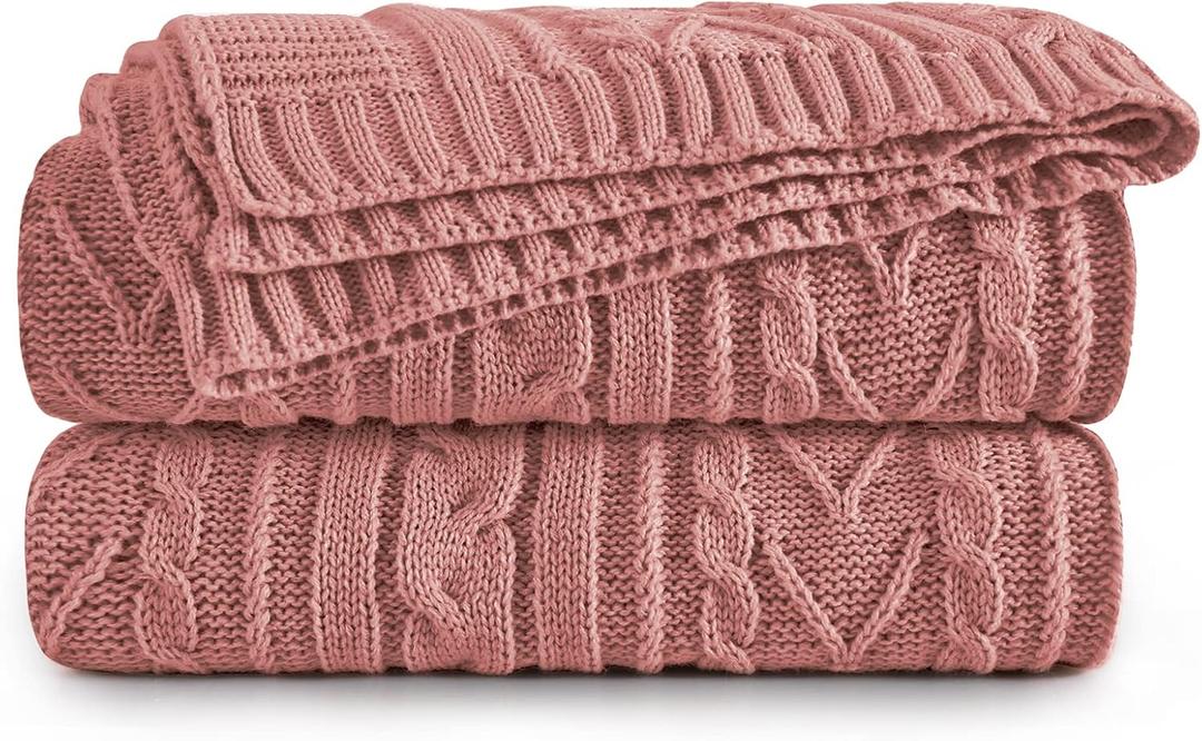 Aormenzy Dusty Pink Cable Knit Throw Blankets for Couch Bed Sofa, Acrylic Knitted Blanket, Soft Cozy Throw Blanket, 50" x 60"