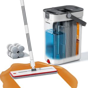 Mop and Bucket Set, Flat Mop and Bucket System with Separate Dirty and Clean Water, 3-Compartment Wall Cleaner Mop, Flat Mops for Floor Cleaning with 4 Microfiber Pads