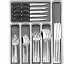 49-Piece Silverware Set with Organizer, Food-Grade Stainless Steel Flatware for 8, Cutlery Utensil Sets with Steak Knives, Rust-proof, Mirror Polished, Dishwasher Safe, Silver Roman Column