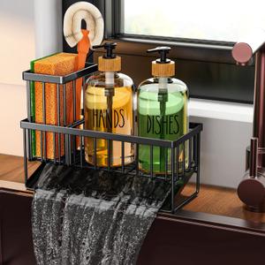 Cisily Dish Soap Dispenser, 16 fl Oz Dual Kitchen Soap Dispensers with Sponge Holder, Customized Stainless Steel Kitchen Soap Dispenser Set, Modern Hand and Dish Soap Bottle Set Removable (Transparent Bottle+black Sink Caddy)