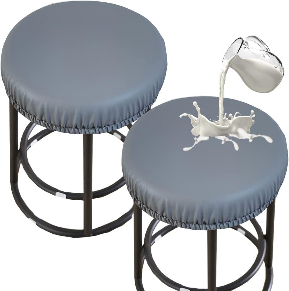 Stretch PU Round Bar Stool Covers, Waterproof Seat Covers, Washable Cushion Slipcovers With Elastic Bands for 12-17 Inch Chair (2Pcs, Gray) (Grey)