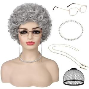 Guree Hair Granny Wig for Old Lady Costume Short Grey Grandma Wigs for Women 100 Days of School Cosplay Party Halloween Use (5pcs Set)