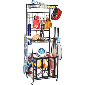 PLKOW Sports Equipment Storage for Garage, Indoor/Outdoor Sports Rack for Garage, Ball Storage Garage Organizer with Basket and Hooks,Toy/Sports Gear Storage