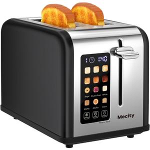 Mecity 2 Slice Touch Screen Toaster, 1.5" Wide Slot, Stainless Steel Smart Toaster for Bagels, Muffins, Waffles, Gluten-Free Breads, Defrost, Reheat, Timer, 825W, Matt Black  
