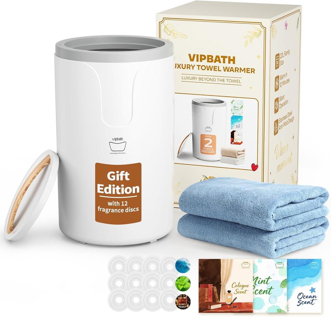 20L Luxury Towel Warmer Gift-Ready Box, Dual Heat, 30/60/90 Min Presets, Stainless Steel Interior, Tip-Over Auto Shut-Off, Includes 12 Fragrance Discs, Perfect Spa Gift for Home & Bathroom (Holiday Version)