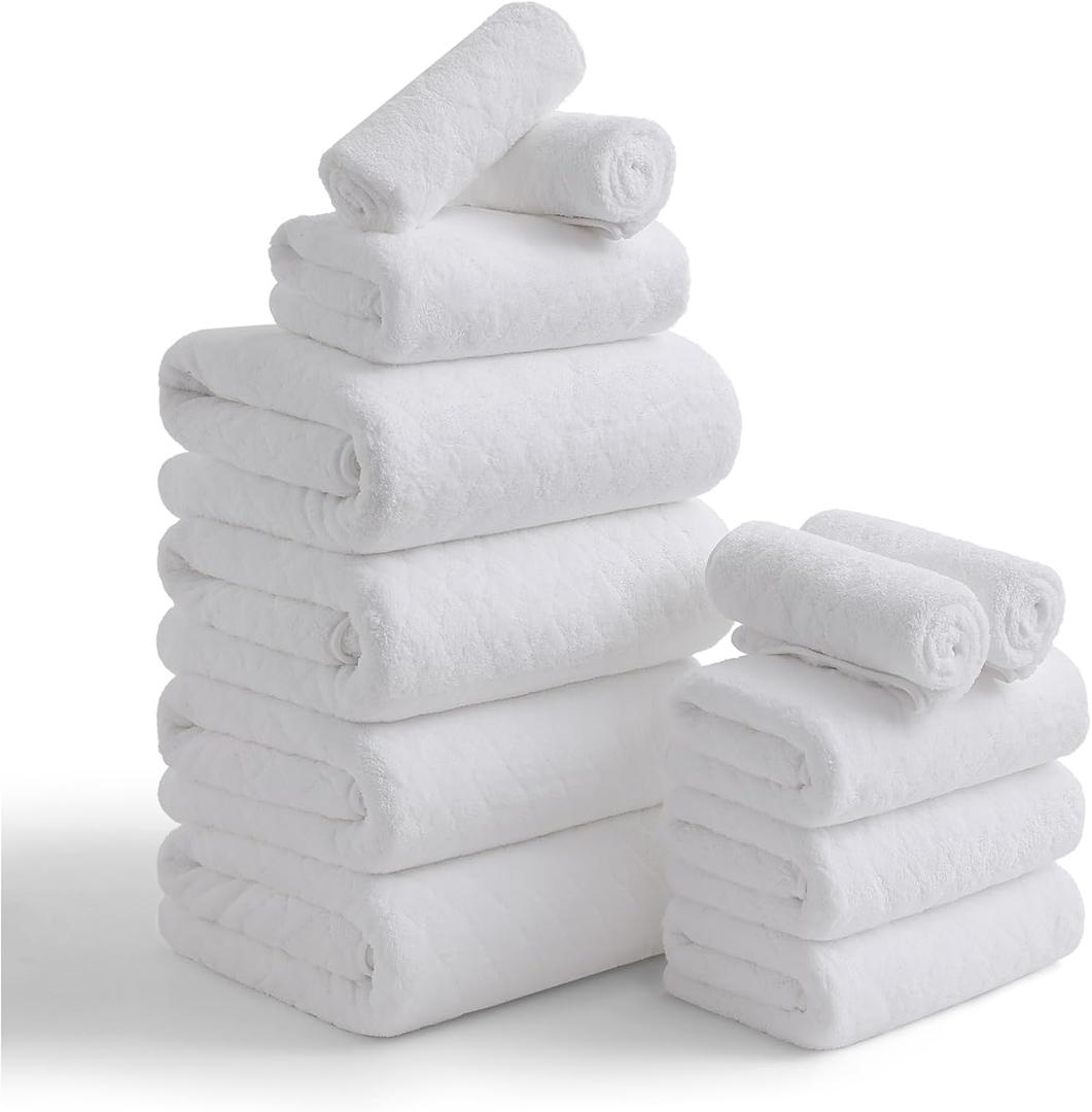 Hailea Luxury Bath Towels Set - 12 Piece (4 Large Bath Towels,4 Hand Towels,4 Washcloths), 100% Microfiber,Extra Absorbent Super Soft & Quick Dry,Complete Family Pack for Bathroom Gym Pool,White