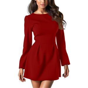 GOBLES Women's Elegant Fall Long Sleeve Boat Neck High Waist A-line Cocktail Dress (Red, M)