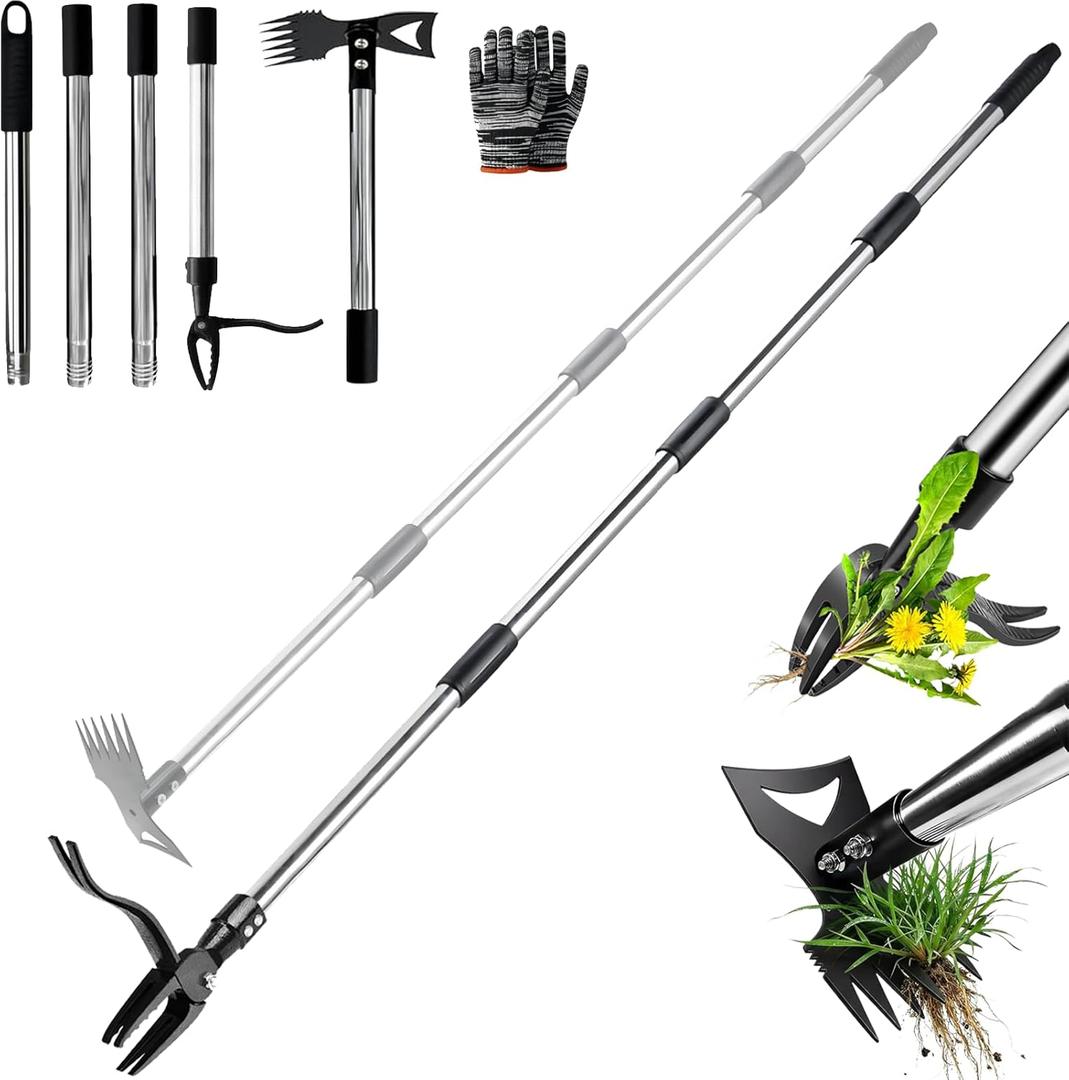 58" Stand Up Weed Puller Tool with Long Handle, 2 in 1 Manual Weeder & Garden Hoe, 4-Claw Steel Head Weed Remover with Gloves for Yard Lawn Patio Garden