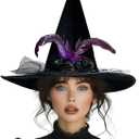 Halloween Black Witch Hats for Witch Costume women - Large Black Velvet Witch Hat with Purple Feathers and Choker Necklace, Great Accessories for Witches Costume for Adult Women