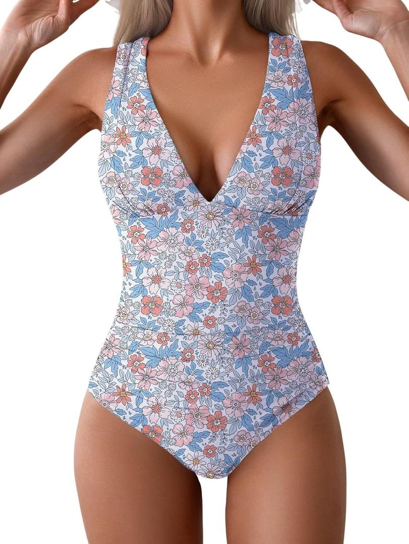 Eomenie One Piece Swimsuit for Women Tummy Control Plunge V Neck Bathing Suit Slimming Wide Straps Swimwear (Size 2XL, Floral Print)