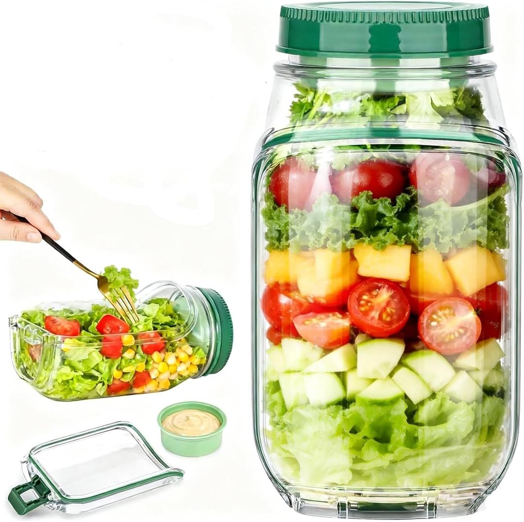 Salad Jar with Side Opening Meal Prep, Leakproof Salads Jar Container Pod for Lunch On-The-Go, Clear Food Salad Storage Container for Travel, Camping, Picnic - Green