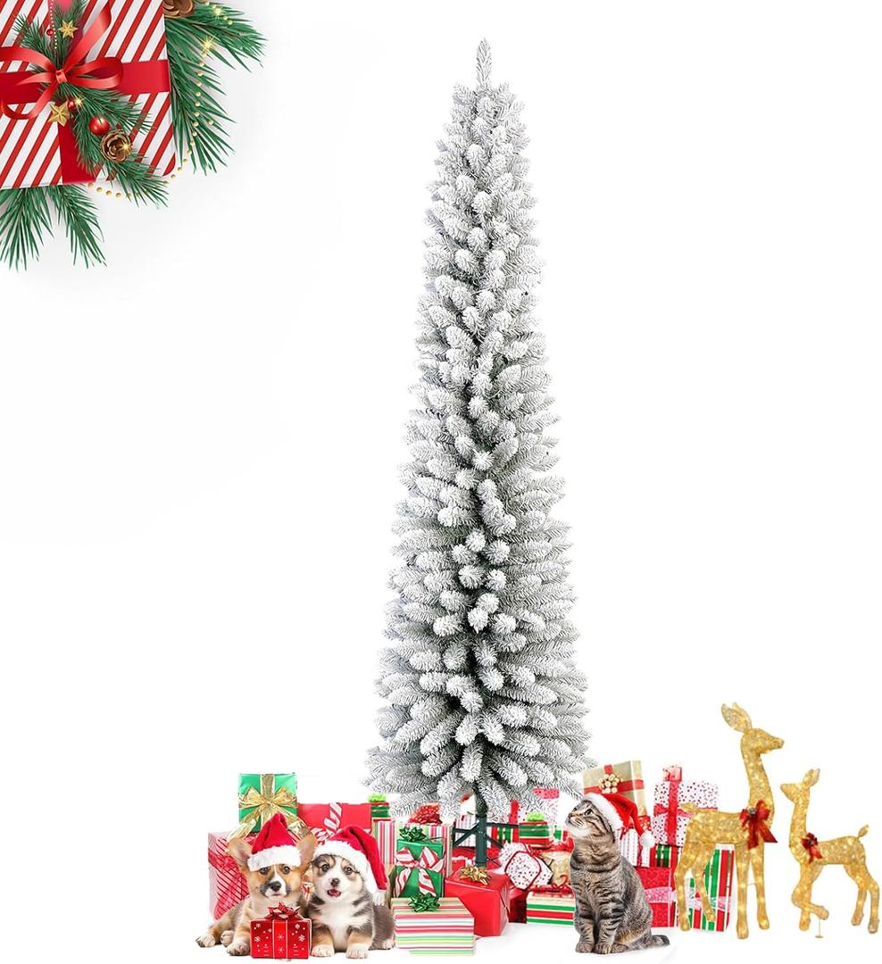 6FT Snow Flocked Pencil Christmas Tree, Slim Artificial Holiday Decoration with Metal Stand, Realistic Snowy Xmas Tree with 329 Tips Branches for Indoor and Outdoor Use, Green & White