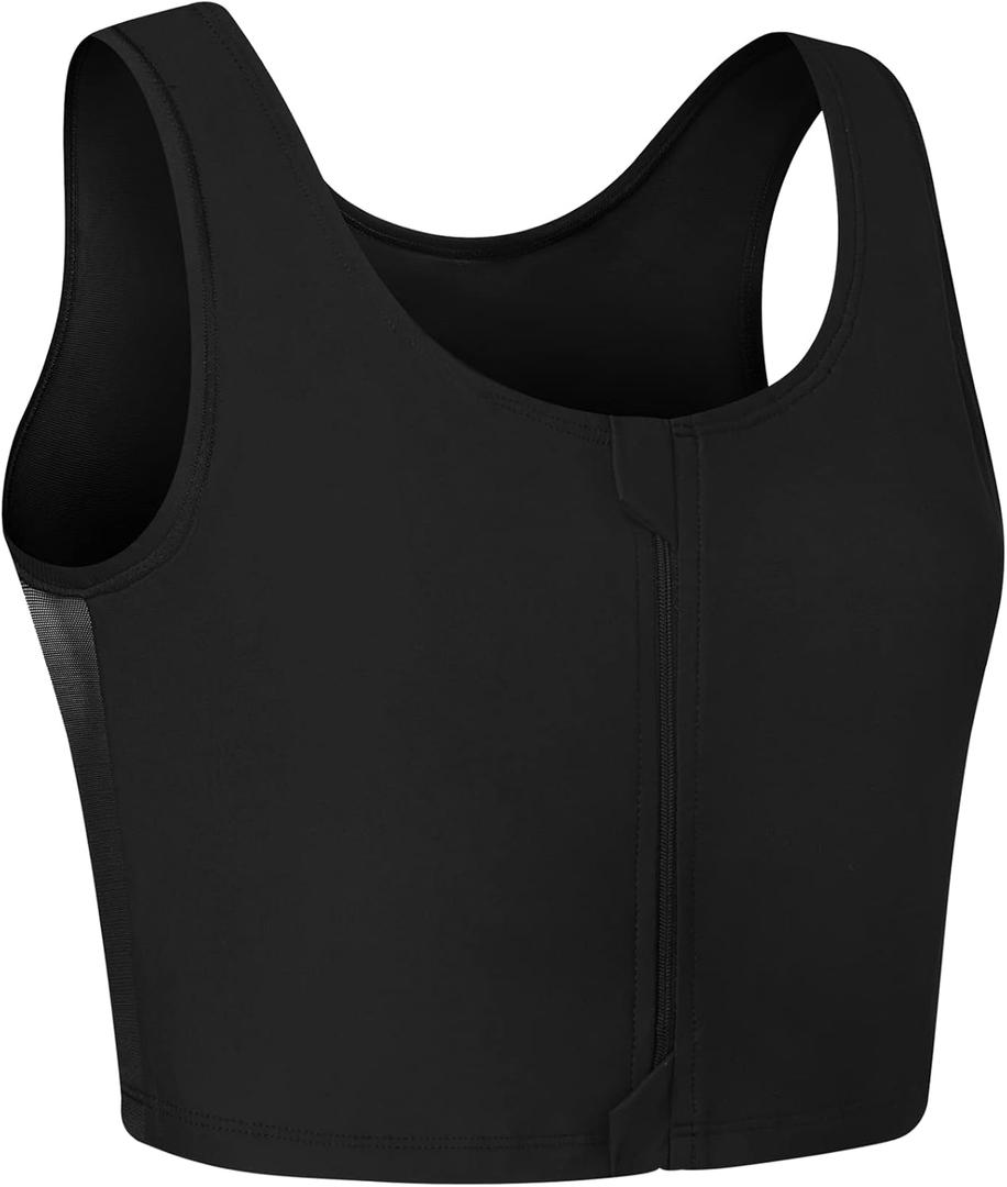XUJI Transgender FTM Zip Up Breathable Half Chest Binder (Small, Black)