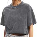 Womens Oversized Vintage T Shirts Casual Cropped Tees Short Sleeve Cotton Acid Wash Tops Summer Grunge Shirts (Large, Grey)