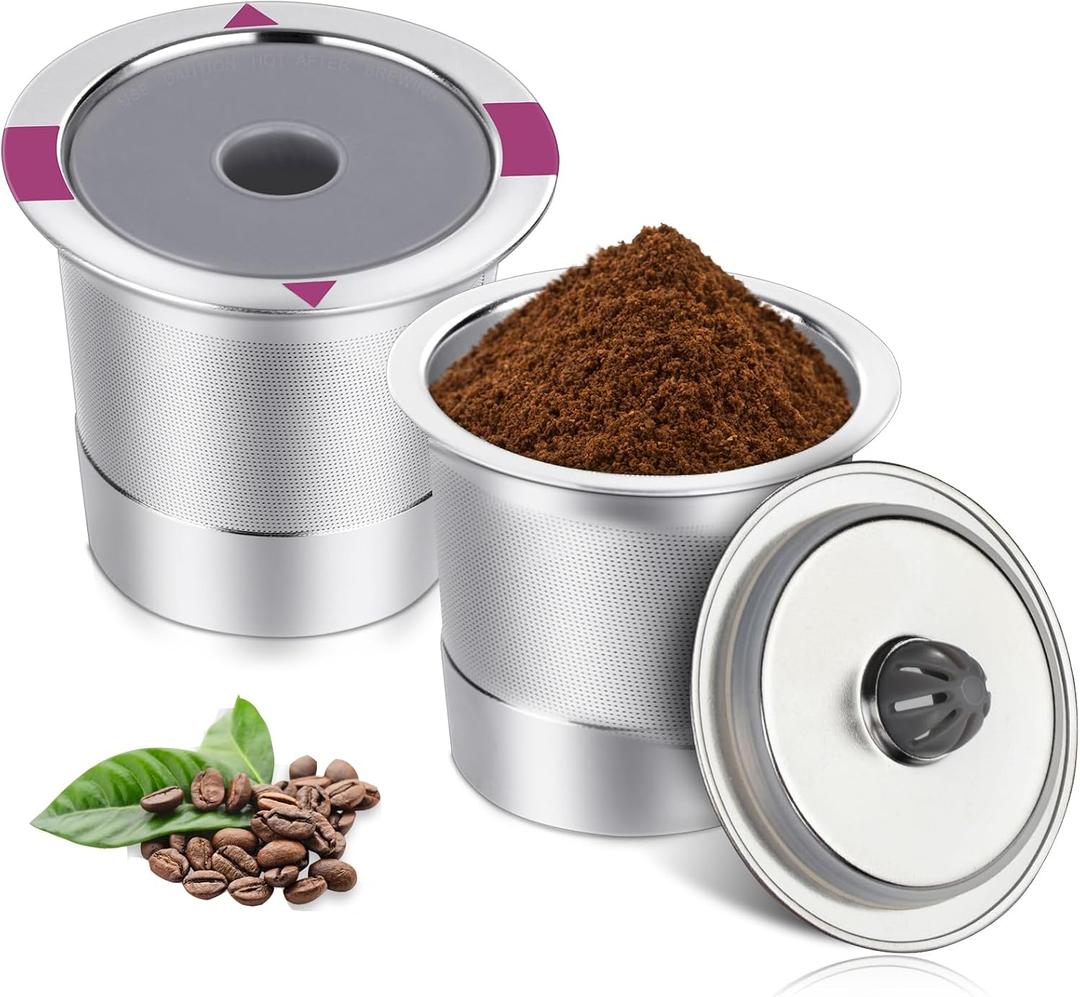 Reusable K Cups, Universal stainless steel Reusable Coffee Pods, Refillable Single K Cups for K 2.0 and 1.0 Coffee Makers (２－Pack)