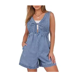 Melliflo Women's Fashion Denim Tie Front Sleeveless Ruffle Jean Jumpsuit, Large