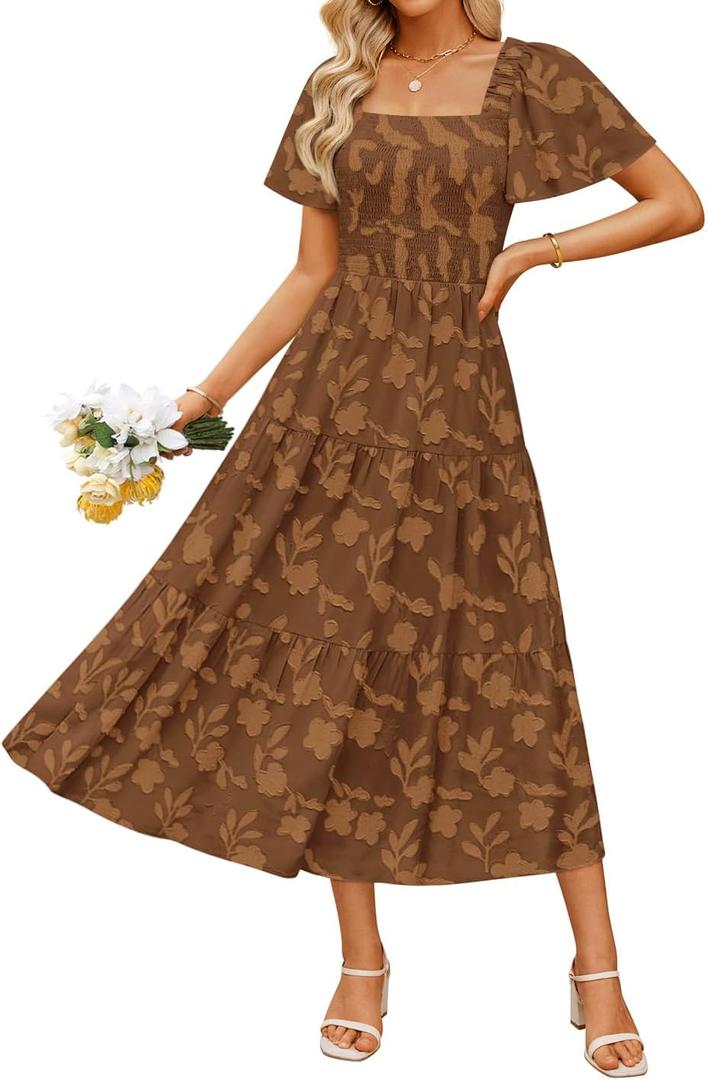 ZESICA Womens Summer Boho Floral Midi Dress 2026 Casual Short Sleeve Square Neck Flowy Beach Vacation Long Dress (Small, Caramel)