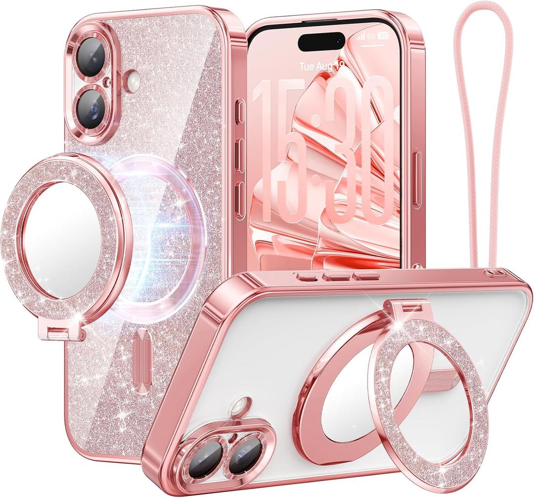 Meifigno Designed for iPhone 17 Case with Ring Stand (6.3"), [Built-in Mirror] [Compatible with MagSafe] [Glitter Card & Wrist Strap] Removable Phone Stand +Designed for iPhone 17 Case, Rose Gold