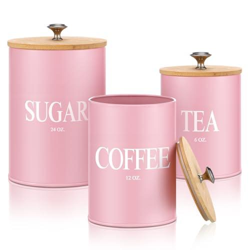 Blushtier 3 Pack Pink Kitchen Canister Set Metal Tea Coffee Sugar Jar Container with Bamboo Airtight Lids Food Storage Containers for Bar Counter Farmhouse Kitchen Decor 6, 12, 24 oz