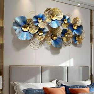 edaknez Metal Wall Art for Living Room, Extra Large Metal Wall Decor, 3D Modern Leaves Wall Decoration, Lotus Flower Wall Hanging Sculpture, for Indoor Outdoor, Blue & Gold (A 130x66x6cm)