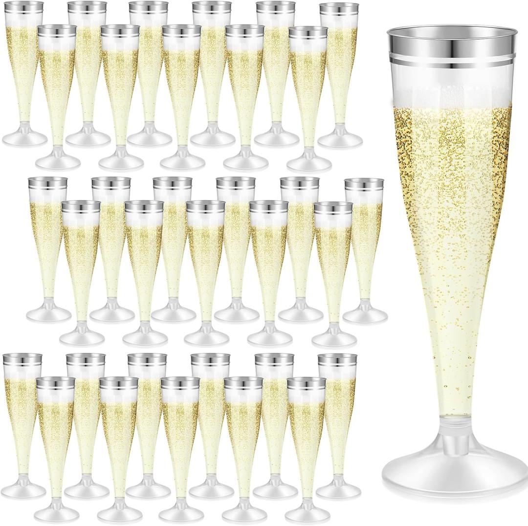 100 Pcs Silver Champagne Flutes Bulk 4.5 oz Clear Plastic Toasting Glasses Plastic Champagne Glasses Mimosa Glasses Disposable Cocktail Cups with Rim for Wedding Birthday Party Baby Shower