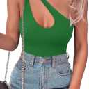 SAUNGKUAI Women's Sexy One Shoulder Sleeveless Cutout Thong Bodysuit Tank Top Body Suits V Backless Tummy Control Shapewear (Small, Green)