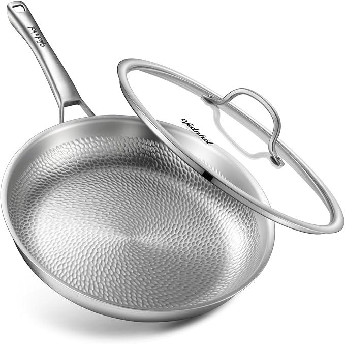 Titanium Pan, 12 Inch Pure Titanium Hammered Pro frying pan with Lid, Non-Toxic Skillet for Cooking, PFAS/PFOA/PTFE Free Cookware, Dishwasher&Oven Safe, Kitchen Induction Compatible