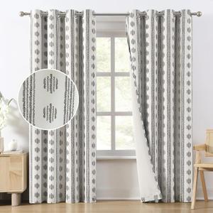 Melodieux Blackout Boho Curtains for Bedroom 84 Inch Length 2 Panels Set Black on Beige Striped Pattern Cotton Bedroom Curtains Grommet Room Darkening Curtains for Living Room Thermal Insulated