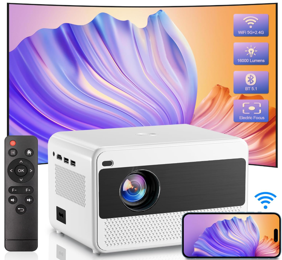 5G WiFi & Bluetooth 1080P Portable Projector, 16000LM, 50% Zoom, Outdoor Movie Projector for Phone/Laptop/TV Stick/DVD/USB/HDMI