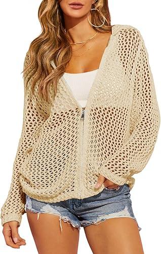 Saodimallsu Women's Crochet Lightweight Cardigans Zip Up Hooded Long Sleeve Knit Sweaters Mesh Beach Swim Cover Up Beige