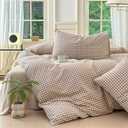 Nayoroom Brown Gingham Duvet Cover Queen Size Tan White Plaid Checkered Duvet Cover 3 Pieces Grid Dorm Bedding Set with 2 Pillowcases, Soft Breathable Washed Microfiber