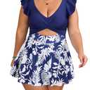 B2prity Women's Plus Size Swimsuit Tummy Control One Piece Swimdress Ruffle V Neck Cutout Wrap Bathing Suit with Skirt, Large