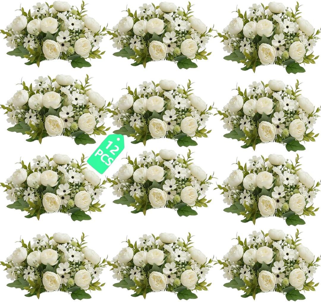 12 Bundles Peony Artificial Flowers, Peonies Artificial Flowers with Peonies and Daisies, Fake Peony Flower Bouquets for Home Decor, Wedding, Table Centerpieces, Indoor & Outdoor Use (White)