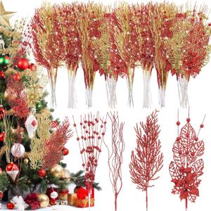 Libima 36 Pcs Christmas Glitter Berries Stems 15 Inch Xmas Artificial Pine Needles Floral Picks Sprays Glittery Curly Twigs Branches Ornaments for Xmas Tree DIY Crafts Wreath Vase Filler(Red Gold)