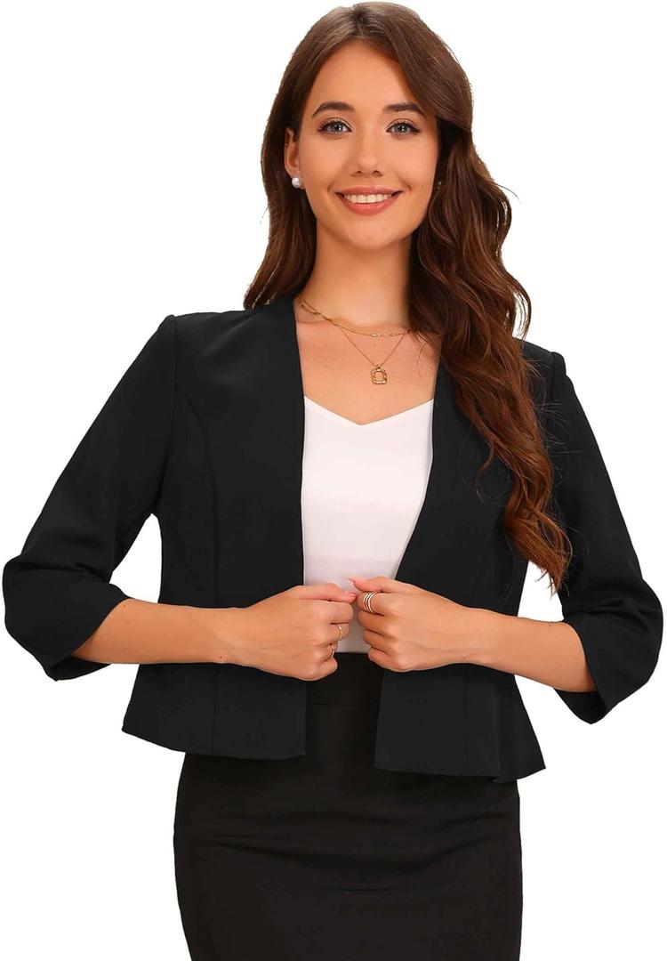 Allegra K Elegant Cropped Blazer for Women Collarless 3/4 Sleeve Open Front Peplum Business Suit Jacket (Small)