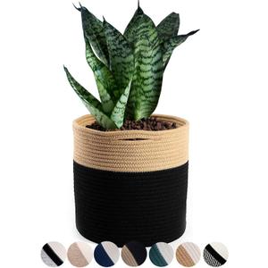 Woven Cotton Rope Plant Basket for 10.5" Flower Pot Floor Indoor Planters Flower Pot, Home Decor Storage Organizer H11 x W11 Black&Brown